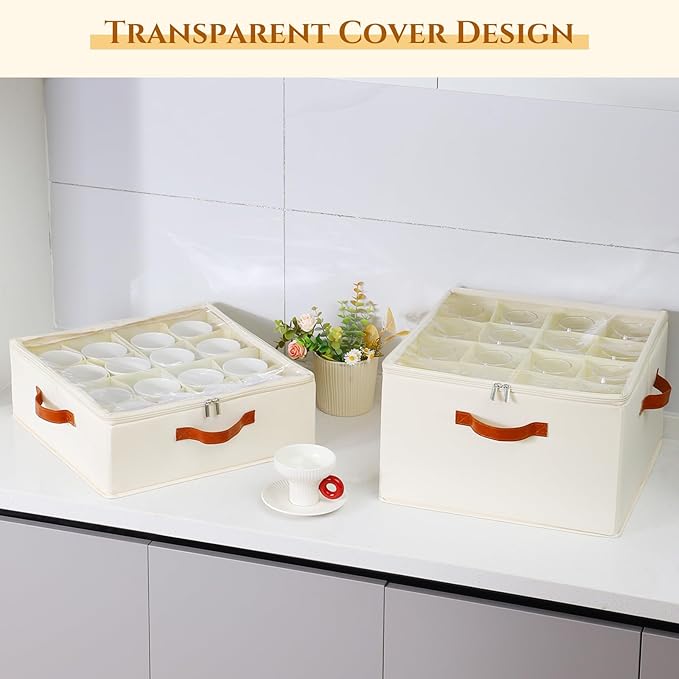 2 Pack Cup and Mug Storage Box with Dividers and Hard Shell, Stackable Coffee Cup Storage Organizer with Lid, Zipper, and Handles for Coffee Mugs, Cups, Glasses, Stemware Storage Containers for Moving-HomvellaHome