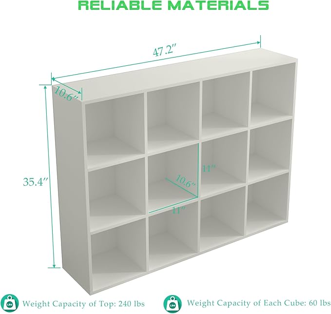 12-Cube Storage Shelf Bookcase - Wooden 3-Tier Floor Standing Open Bookshelf for Home and Office, Display Cabinet, Warm White-HomvellaHome
