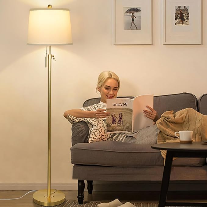 Gold Floor Lamp for Living Room, Tall Standing Lamp 55-65" Adjustable Modern Brass Floor Lamps for Bedroom Reading Office Kids 3 Color Lights Corner Night Stand (9W LED Bulb, White Shade)-HomvellaHome