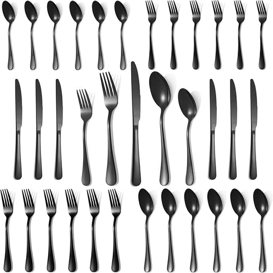 Lazycorner 30 Pcs Black Silverware Set for 6, Mirror Polished Flatware Set Stainless Steel Fork Knife Spoon, Food Grade Eating Utensils Sets, Reusable Silverwear Cutlery Set, Dishwasher Safe