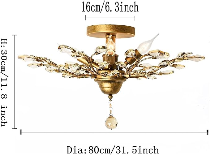 Ganeed Crystal Chandeliers,Vintage K9 Clear LED Ceiling Lighting,Edison Pendant Light Flush Mounted Fixture with 5 Light for Living Room Dinning Room Restaurant Porch Hallway (Gold)-HomvellaHome