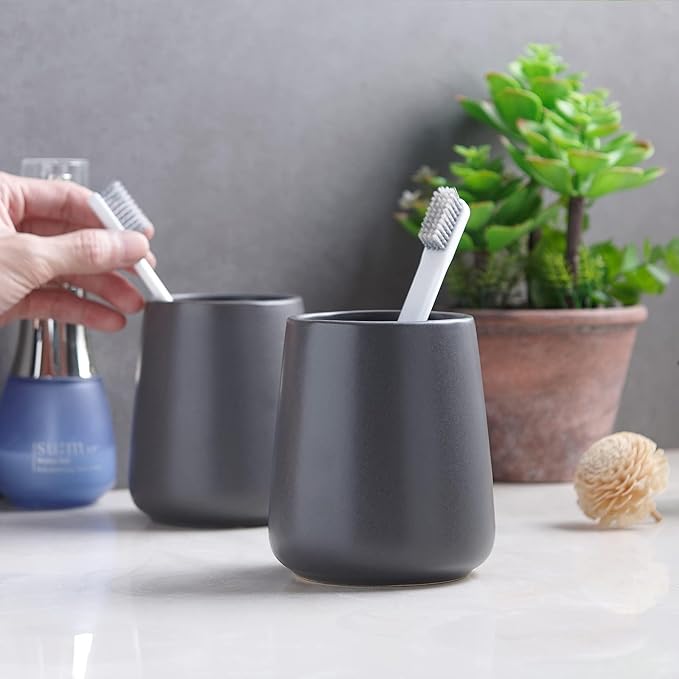 Grey Toothbrush Holder for Bathroom - Ceramic Tooth Brushing Holders, Toothpaste Holder, Reusable Toothbrush Mouthwash Cup, Space-Saving Design for Bathroom Countertop-HomvellaHome