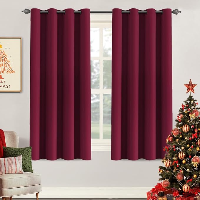 H.VERSAILTEX Christmas Blackout Curtains Blackout Thermal Insulated Curtains for Bedroom/Living Room, 52" Wide x 63" Long Each Panel,Grommet Panels for Small Window (Set of 2, Burgundy)-HomvellaHome