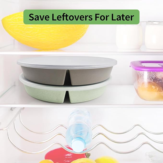 greenandlife 9 Inch 4PCS Divided Plates with Lids, Portion Control Plates for Kids Adults, Dishwasher Microwave Safe Compartment Plate, Unbreakable Lightweight Reusable Wheat Straw Plate Set, INS-HomvellaHome