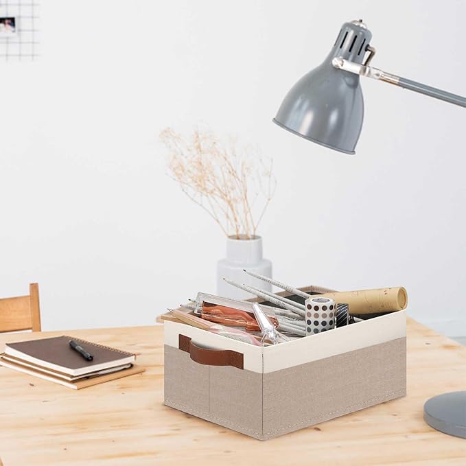 GhvyenntteS Small Fabric Storage Bins 12 Pack, 11.8" x 7.87" x 5.11" Storage Basket with Leather Handles, Closet Storage Bins for Shelves, Storage Baskets for Shelves, DVD Storage (Pink/White)-HomvellaHome