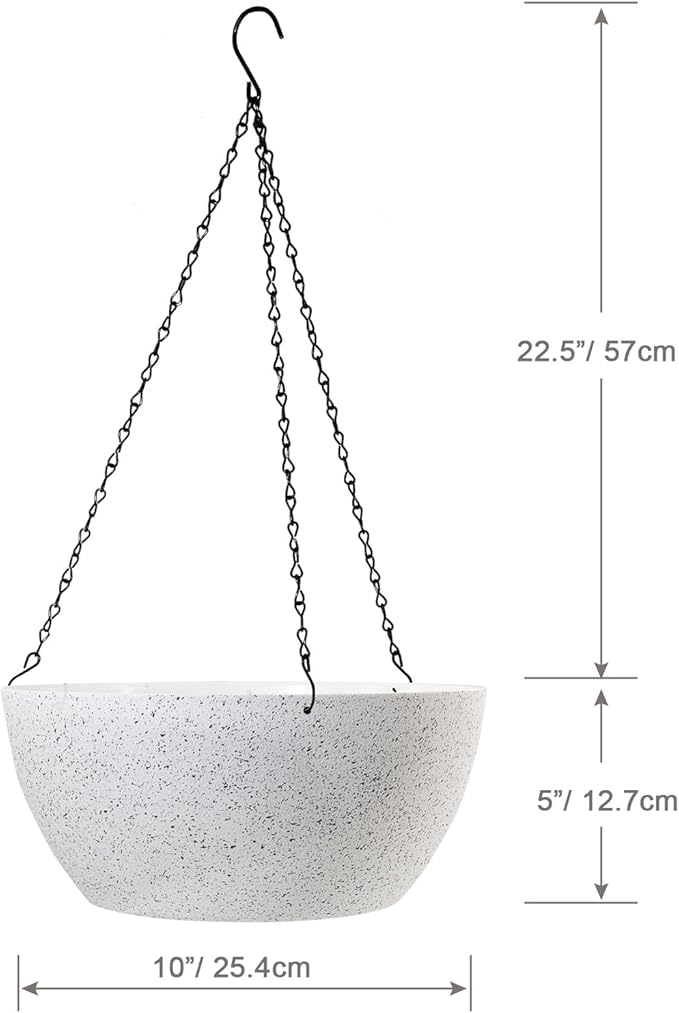 10 inch Hanging Planters for Outdoor Indoor Plants with Drainage Holes and Chain, 2 Pack Round Hanging Flower Plant Pots for Garden Home Porch Decor, Speckled White-HomvellaHome