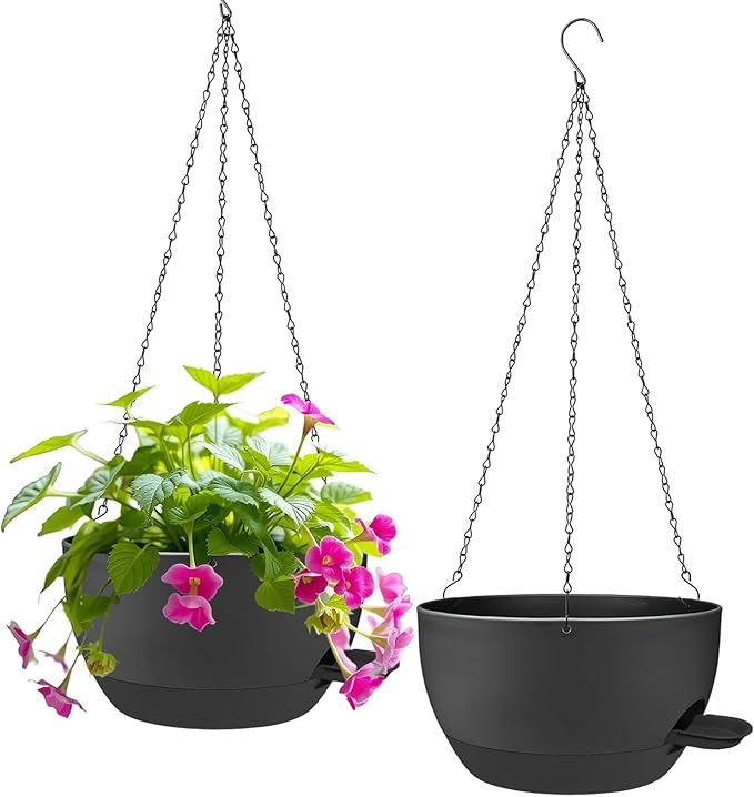 2 Pack Hanging Planters for Indoor Outdoor Plants, 12 Inch Self Watering Hanging Pot with Drainage Holes and Saucer, Plastic Plant Pots, Black Flower Pots for Kitchen, Balcony, Garden-HomvellaHome