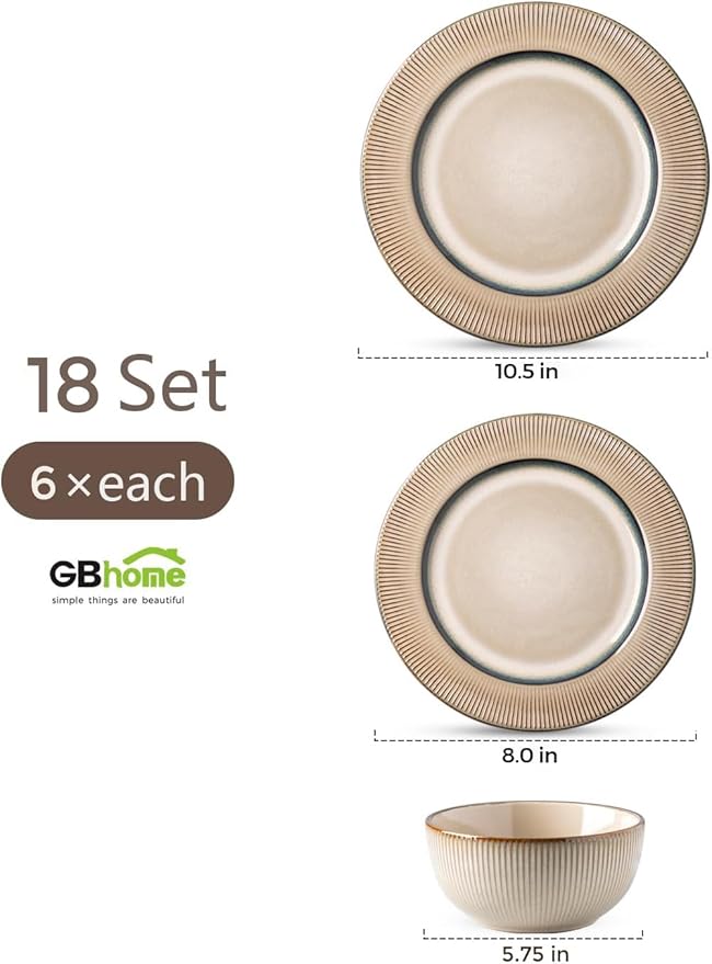 GBHOME Ceramic Dinnerware Sets, 18 Piece Embossed Elegant Stoneware Plates and Bowls Sets, Housewarming Wedding Gift | Dishwasher & Microwave Safe | Dishes Set Service for 8-HomvellaHome
