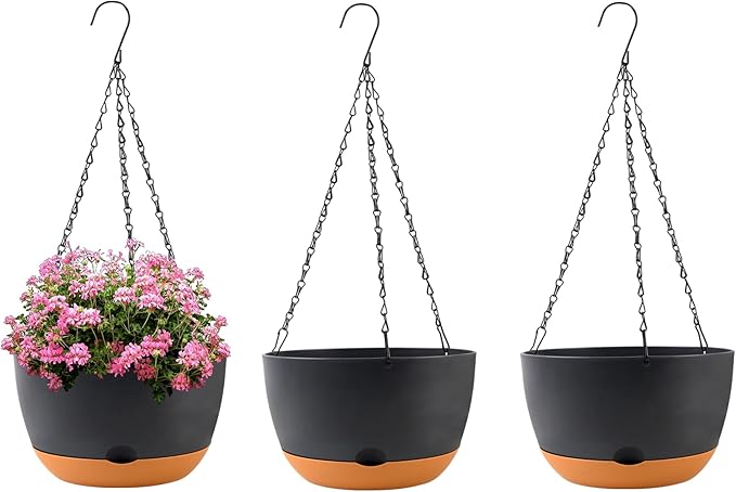 10 inch Plant Pot Hanging Planters Self Watering Pots for Indoor Plants, 3 Pack Plastic Hanging Basket with Removable Tray for Home Garden Porch Balcony Patio Decor(Black)-HomvellaHome