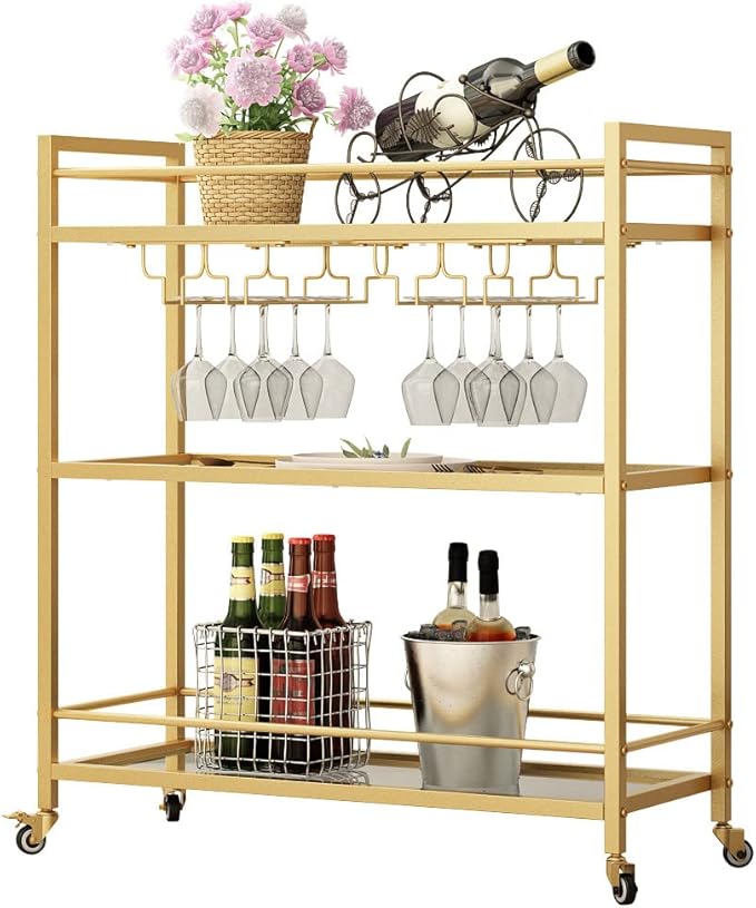 Glass Gold Bar Carts for Home with Hanging Wine Rack - Home Bar Serving Cart with 3 Mirrored Shelves, Kitchen Bar Carts, Wine Cart for Entertaining, Club Party.-HomvellaHome