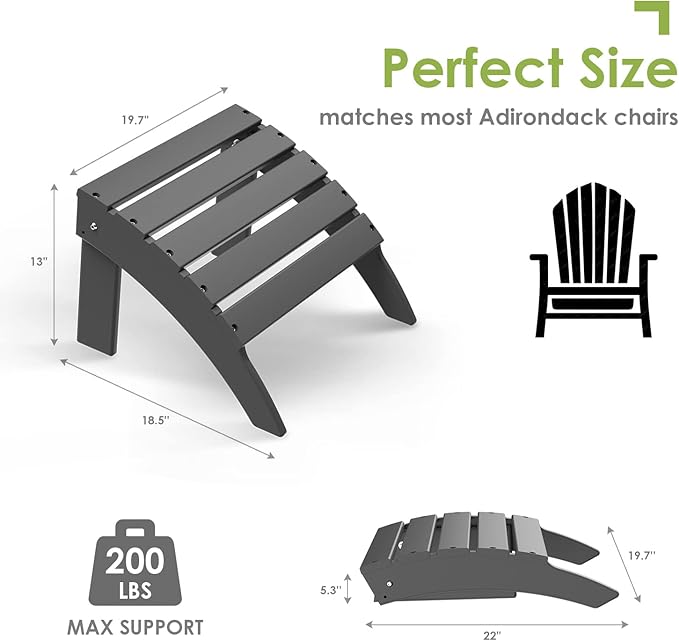 GREENVINES Adirondack-Ottoman | Set of 4 | HDPE Plastic | Outdoor Footrest | All Weather | Foot Rest | Foot Stool | Grey | for Adirondack Chair | for Patio Backyard Pool-HomvellaHome