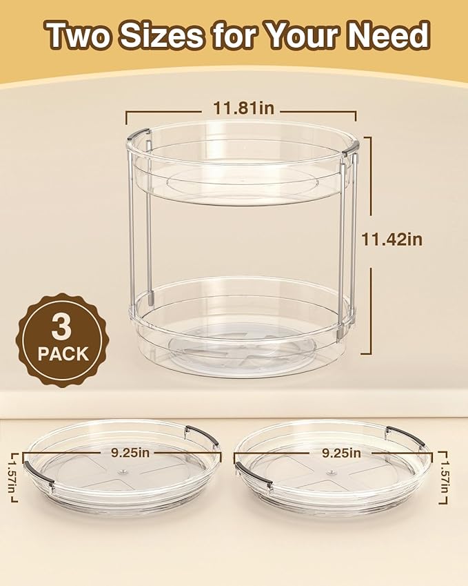 2 Pack Lazy Susan Organizer 9.25''and 11.81'' Two-Tier Lazy Susan Turntable for Cabinet, Spice Rack, and Pantry Storage - Spinning Makeup Organizer for Bathroom, Clear-HomvellaHome
