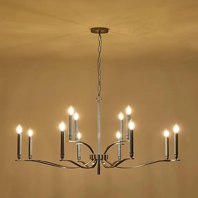 12 Light Nickel Living Room Chandelier High Ceiling Foyer Candle Chandelier Large Modern 44in Metal Chandeliers Hanging Light for Master Bedroom Dining Room Light Fixture Over Table-HomvellaHome