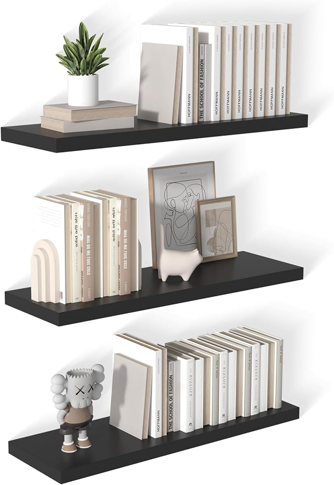 12 Inch Deep Floating Shelves for Wall 3 Pack Floating Shelves Large Storage Space Wall Mount Shelf for Living Room Kitchen Bathroom 36" W x 12" D x 1.2" H Black-HomvellaHome