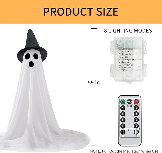 2 Packs Halloween Ghost Outdoor Decorations, 59” Light Up Ghost Decor with Remote Control, Adjustable Height Standing Halloween Lighted Ghost Kit with Witch Hat Ideal for Porch, Garden, Yard-HomvellaHome