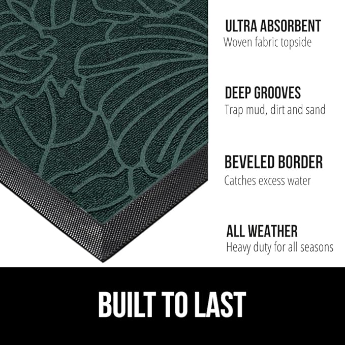 GORILLA GRIP 100% Waterproof All-Season WeatherMax Doormat, 60x24, US Designed Natural Rubber, Stain and Fade Resistant, Low Profile Indoor Outdoor Door Mats, Easy Clean Patio Mat, Green Palm-HomvellaHome