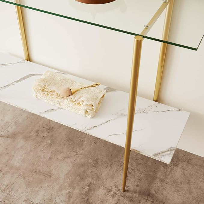 Glass Console Table for Living Room, Foyer & Entrance, 2-Tiers Mid-Century Modern Sofa Table with Clear Glass Top, White Marble Finish Wood Shelf and Gold Finish Frame-HomvellaHome
