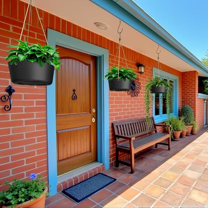 10.7 Inch Hanging Planter for Outdoor Indoor Plants，2 Pack Hanging Flower Pots with Drain Holes for Garden Home Decor Use (Black)-HomvellaHome