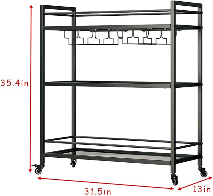 Glass Black Bar Carts for Home with Hanging Wine Rack - Home Bar Serving Cart with 3 Mirrored Shelves, Kitchen Bar Carts, Wine Cart for Entertaining, Club Party.-HomvellaHome