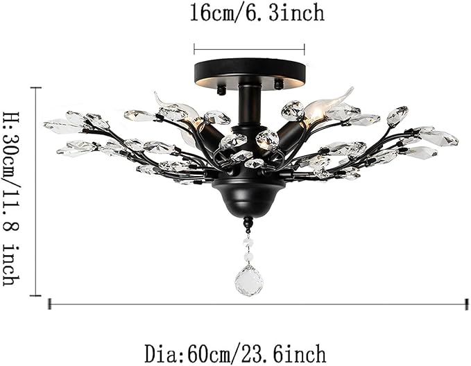 Ganeed Crystal Chandeliers,Vintage K9 Clear LED Ceiling Lighting,Edison Pendant Light Flush Mounted Fixture with 4 Light for Living Room Dinning Room Restaurant Porch Hallway (Black)-HomvellaHome