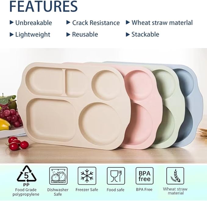 12 Inch Divided Plates4 PCS - Reusable Unbreakable Wheat Straw Plates, Dinnerware Lunch Tray Plates Tableware for Kitchen, Picky Eaters, Campers and Portion Control (Blush)-HomvellaHome
