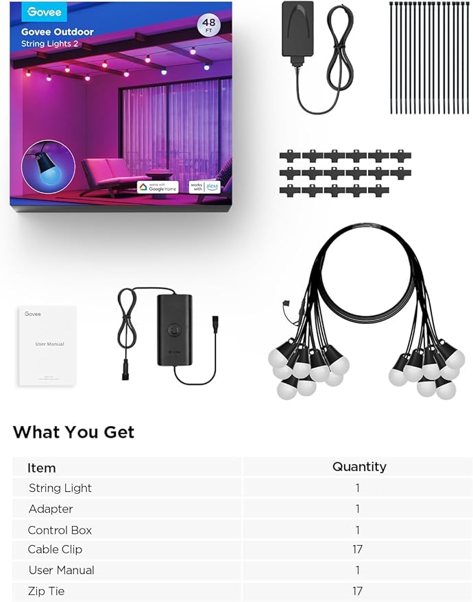 Govee Smart Outdoor String Lights 2, 48ft Outdoor Lights with Dimmable Warm White LED Bulbs, 47 Scene Modes for Patio, Backyard, Balcony, IP65 Waterproof, Works with Alexa, App Control-HomvellaHome