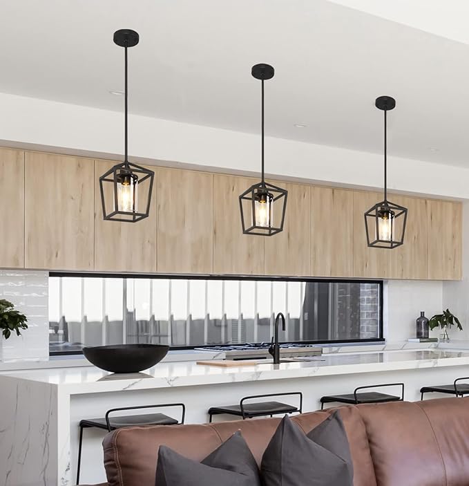 1 Pack Black Pendant Light Fixture Farmhouse Iron Cage Metal Pendant Light Lantern Hanging Light Fixtures with Clear Glass Shade for Kitchen Island, Dining Room, Hallway,Entryway1-HomvellaHome