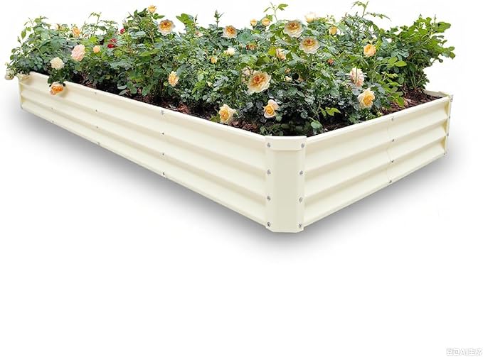 GARDMAX 8x4x1FT Galvanized Raised Garden Bed Kit, Metal Planter Boxes Outdoor with Easy Assembly, Large Garden Bed for Vegetables, Fruits, Flower, Herbs Rectangle Milk White-HomvellaHome