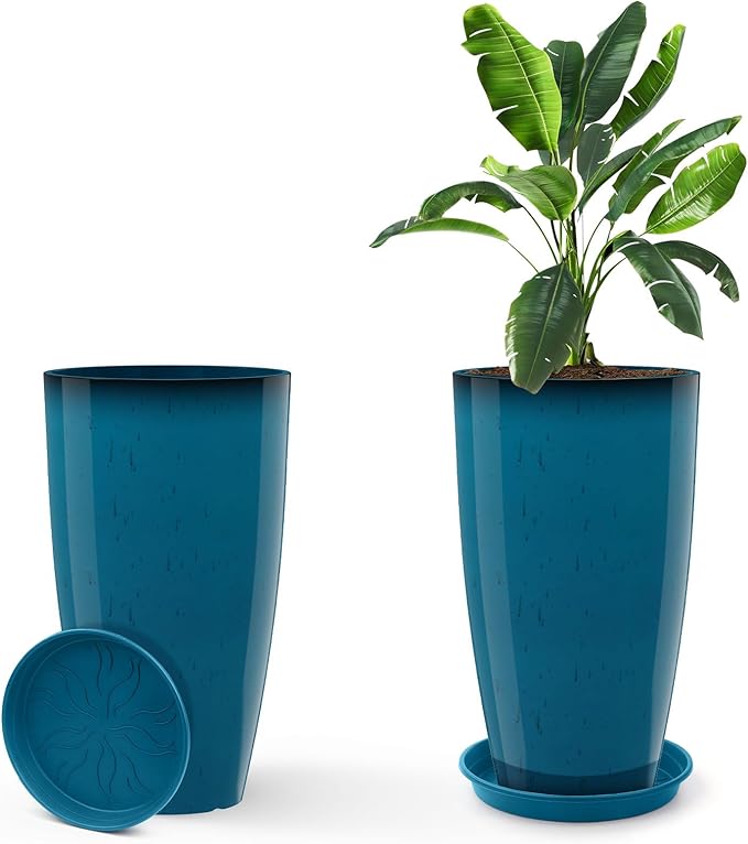 GameXcel Tall Flower Pot Indoor - Outdoor Plant Pot - Turquoise Glossy Planter - Elegant Stone Imitation - 12" Diameter 21" Tall with Drainage Holes and Saucer 2Pack-HomvellaHome