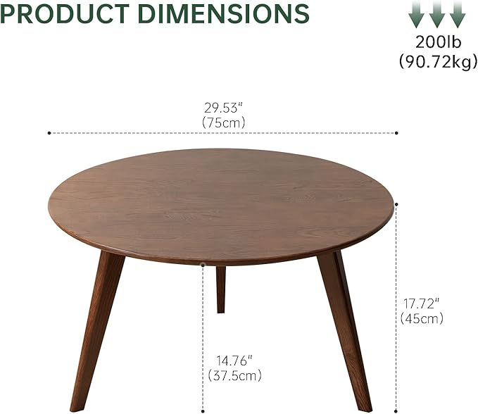 100% Solid Oak Wood Mini Coffee Table, Round Side Table w/Solid Wood Legs, Walnut Mid Century Coffee Table w/Sturdy Frame for Bedroom Balcony Living Room (29.53" D x 17.72" H)-HomvellaHome