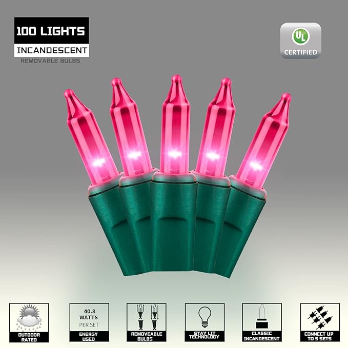 100LIGHTS PINK Extra-Bright With End Connectors Christmas Decorative Lights 5.98m UL Certified Mini String Light Set Waterproof for Home Garden Holiday Christmas Tree Party Patio Decor Wedding-HomvellaHome