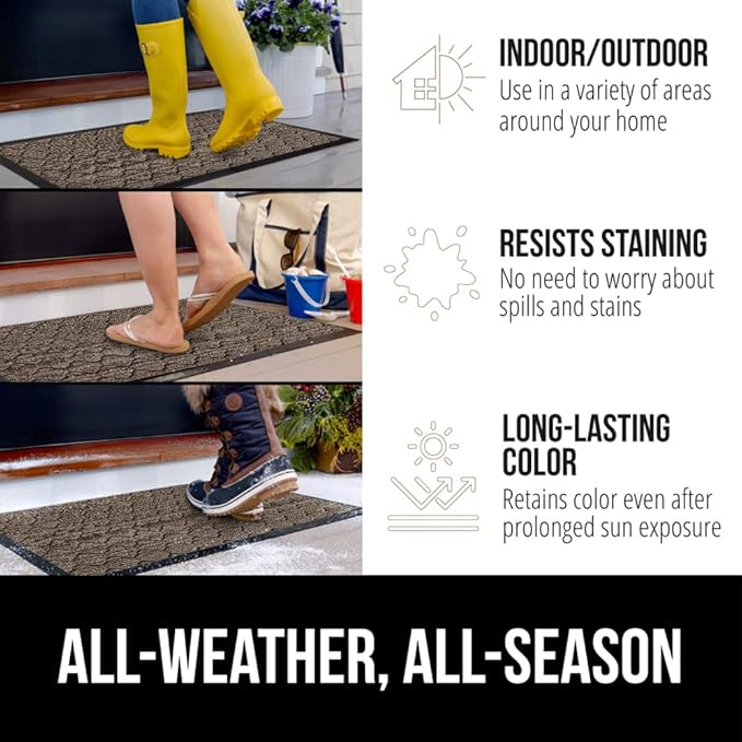 GORILLA GRIP 100% Waterproof All-Season WeatherMax Doormat US Designed Natural Rubber, Stain and Fade Resistant, Low Profile Indoor Outdoor Door Mats, Easy Clean Patio Mat, 17x29, Latte Quatrefoil-HomvellaHome