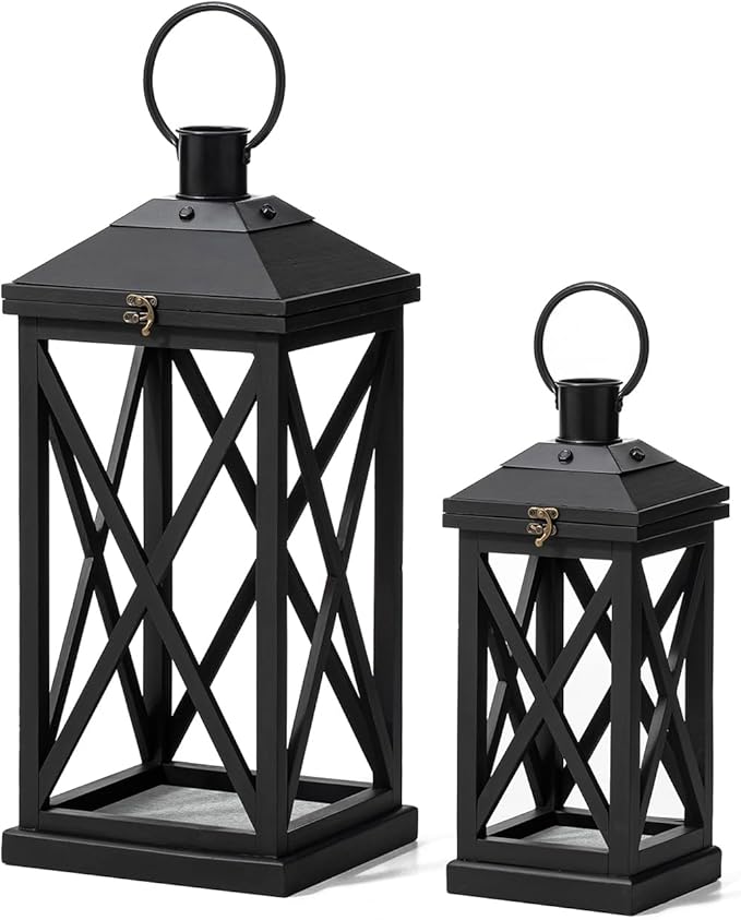 Glitzhome Modern Farmhouse Wooden Lantern Hanging Decorative Candle Lantern for Outdoor & Indoor Black Set of 2 (No Glass)-HomvellaHome