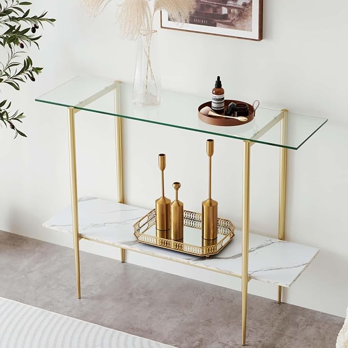 Glass Console Table for Living Room, Foyer & Entrance, 2-Tiers Mid-Century Modern Sofa Table with Clear Glass Top, White Marble Finish Wood Shelf and Gold Finish Frame-HomvellaHome