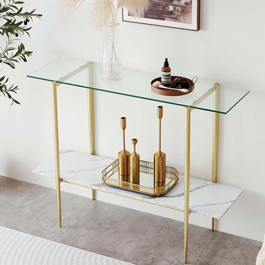 Glass Console Table for Living Room, Foyer & Entrance, 2-Tiers Mid-Century Modern Sofa Table with Clear Glass Top, White Marble Finish Wood Shelf and Gold Finish Frame-HomvellaHome