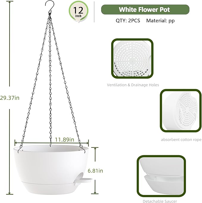 12 Inch Hanging Baskets 2 PC with Chains, Self-Watering Hanging Planters for Indoor Outdoor Plants, Plastic Hanging Flower Pots,White-HomvellaHome