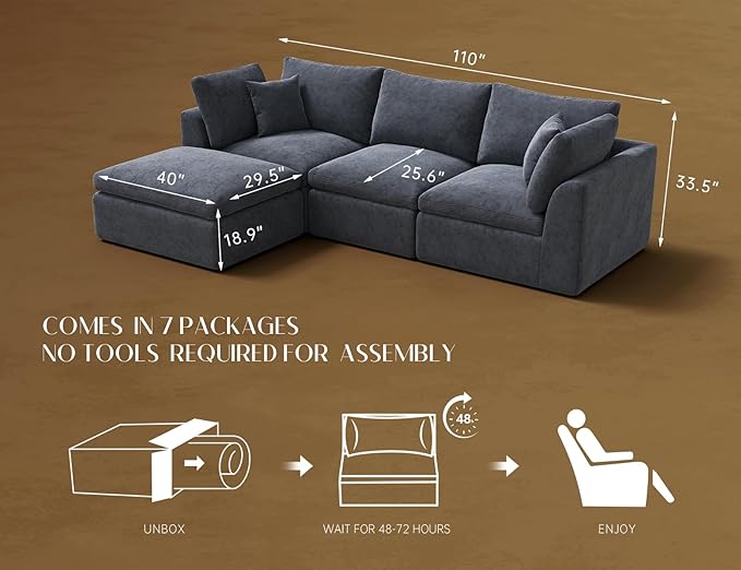 110 Inch Cloud Sectional Couches for Living Room, Convertible L Shaped Couch with Ottoman, 3 Seater Modular Sectional Sofa, Grey-HomvellaHome