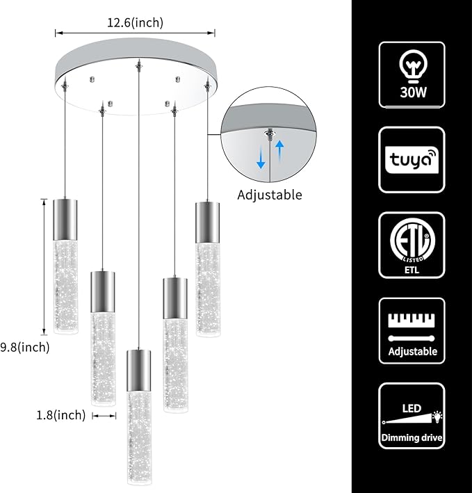 OKELI Smart Dimmable LED 5-Light Pendant Light for Kitchen Island, 18W 1350LM Modern Bubble Crystal Island Light Fixture with TUYA App & Voice Control, Adjustable 3000K-6000K, Electro-Chrome-HomvellaHome