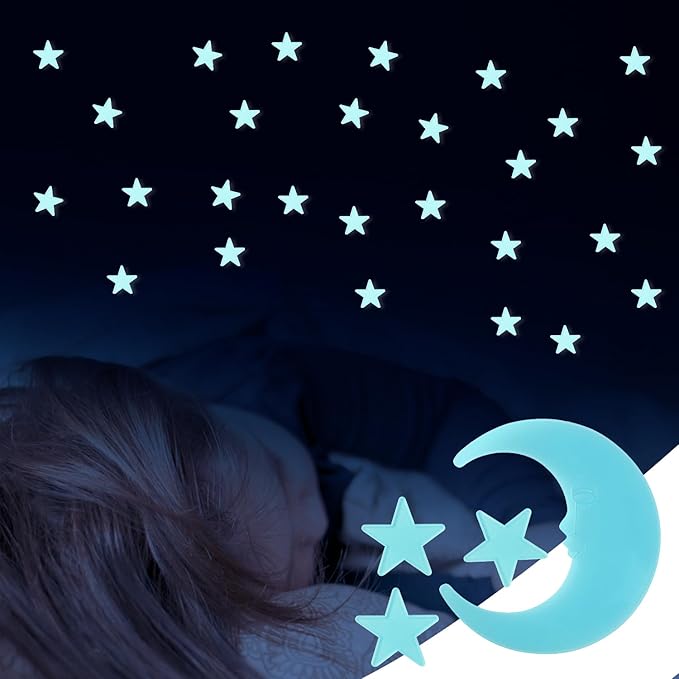 100 Stars and 1 Moon Glow in The Dark Luminous Fluorescent 3D Plastic Glow Stars Moon for Ceiling, Glowing Wall Stickers Create a Realistic Starry Sky, Room Decorations (Blue)-HomvellaHome