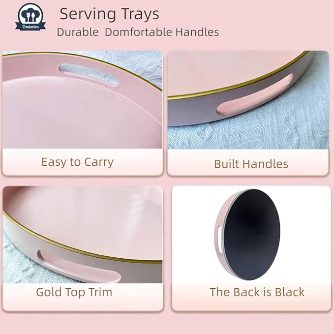 13" Pink Serving Tray with Handles,Round Decorative Tray for Coffee Table, Plastic Modern Coffee Table Tray for Ottoman, Living Room, Bathroom, Décor.-HomvellaHome