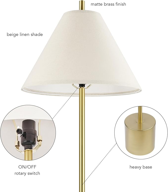 GLOBE Electric 61000060 60" Floor Lamp, Matte Brass Finish, Beige Linen Shade, Heavy Weighted Base, Rotary Switch on Shade, Modern Standing Light for Living Room, Home Office Accessories-HomvellaHome