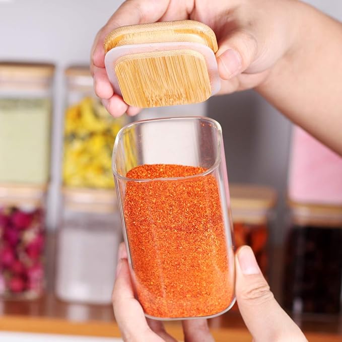 10 Pcs Glass Spice Jars - 8oz Empty Square Spice Storage Containers With Bamboo Airtight Lid and Labels - Thicken Small Glass canister for Kitchen Seasoning,Coffee Bean,Tea,Suger,Herbs-HomvellaHome