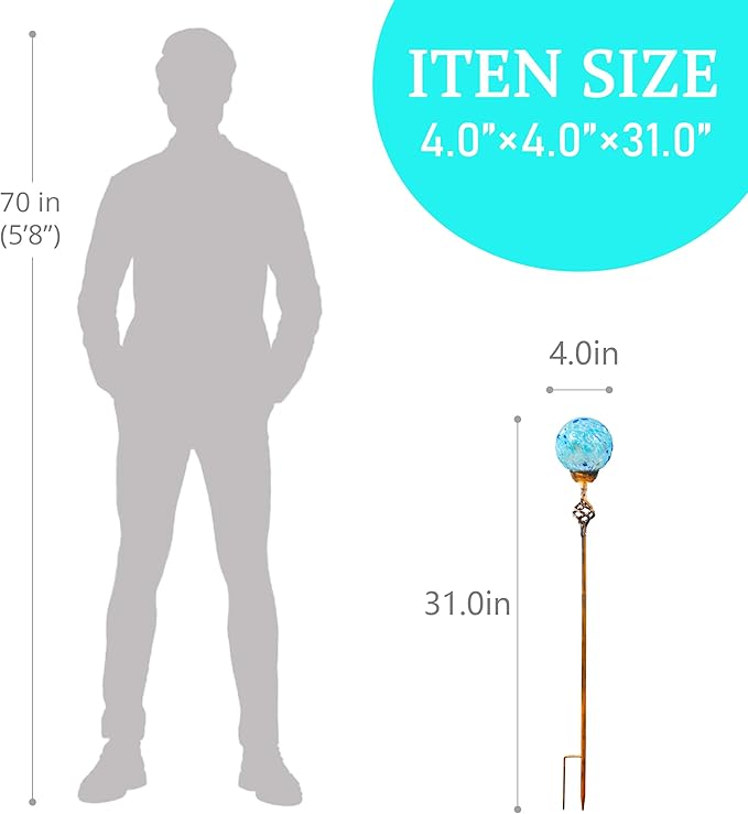 Garden Solar Lights, Decorative LED Honeycomb Glass Ball Garden Stake, Glass and Metal Outdoor Decoration, 4 x 31 Inch (Light Blue)-HomvellaHome