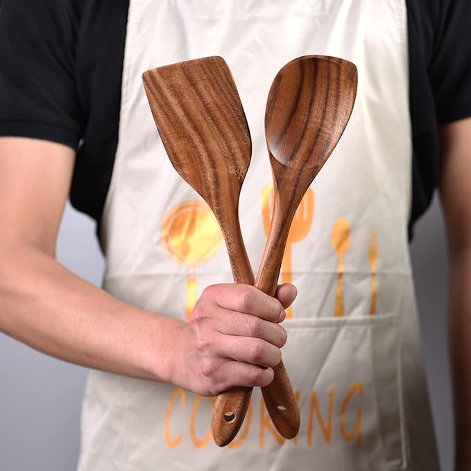 Gudamaye 13 inch Long Wooden Utensils for Cooking, Long Handle Wooden Spoons for Cooking, 7 PCES Crafting Wooden Spoon Set, Wooden Kitchen Utensil set, Natural Teak Wooden utensil Set-HomvellaHome