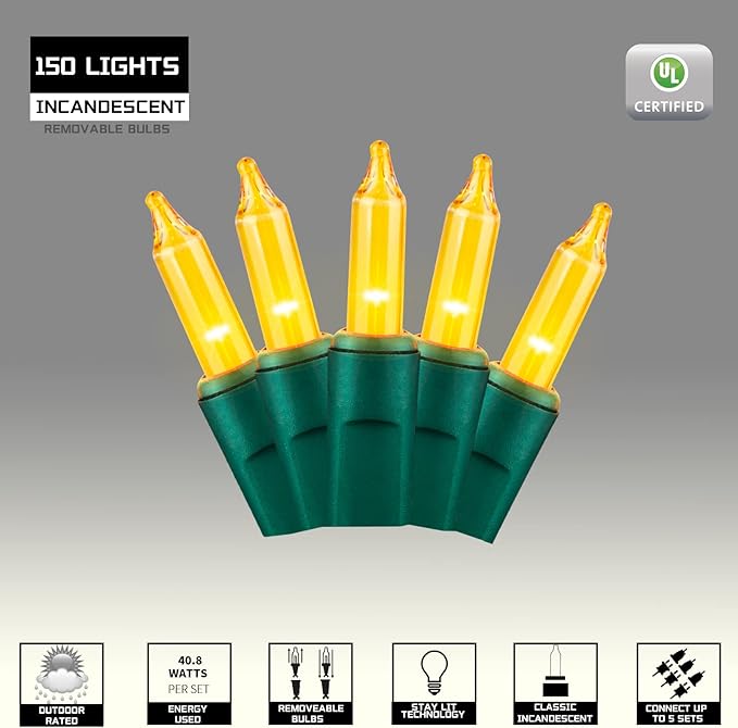 150LIGHTS Yellow Extra-Bright with End Connectors Christmas Decorative Lights 9.72m UL Certified Mini String Light Set Waterproof for Home Garden Holiday Christmas Tree Party Patio Wedding-HomvellaHome