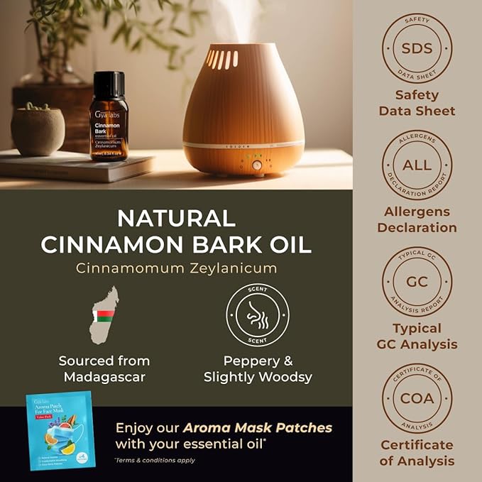 Gya Labs Cinnamon Essential Oil for Diffuser - 0.34 Fl Oz - 100% Pure Natural Cinnamon Bark Essential Oil for Skin, Hair, Lips Body & Candle Making Scent-HomvellaHome