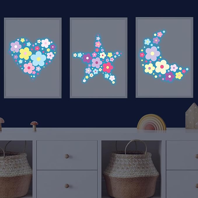 Glow in The Dark Y2k Cute Flowers Wall Decals，Glowing Luminous Colorful Floral Wall Stickers Colorful Removable self-Adhesive Preppy Hippie Stickers for Girls Bedroom-HomvellaHome