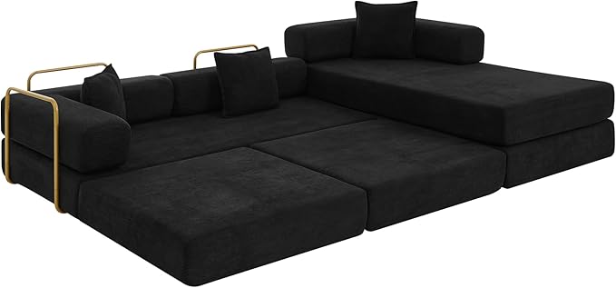 108" Oversized Convertible Sleeper Sofa Bed, Corduroy L Shape Sectional Couch, Folding Sofa Bed with Side Pocket, Modern Cloud Floor Mattress Couch, Modular Sofa for Living Room, Black-HomvellaHome