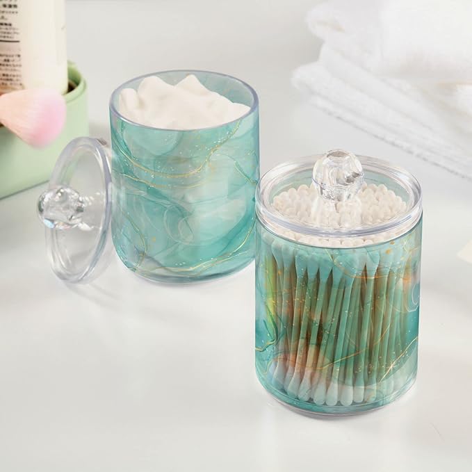 2 Pack Qtip Holder Dispenser Turquoise Marble Bathroom Storage Canister Lid Acrylic Plastic Apothecary Jar Set Vanity Makeup Organizer for Cotton Swabs/Pads/Floss-HomvellaHome