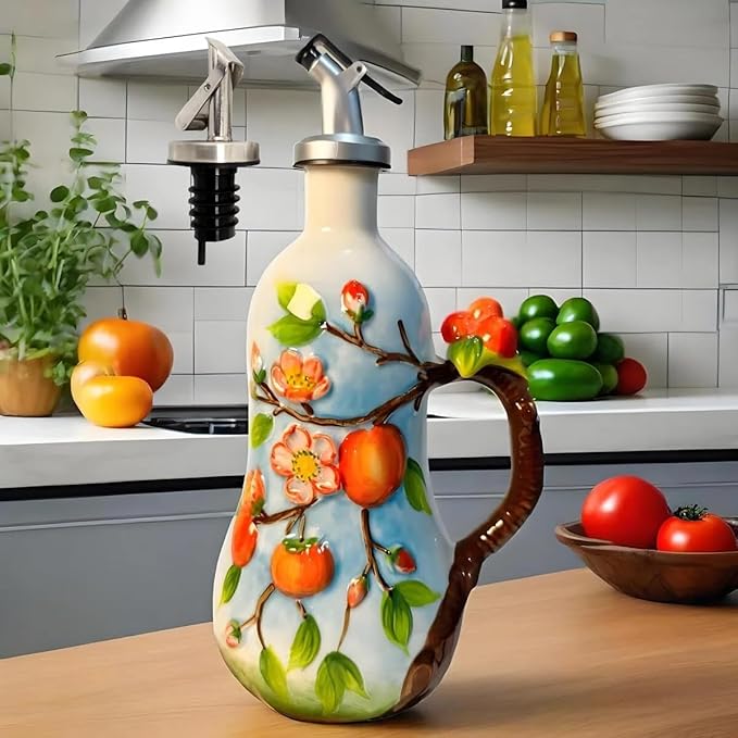 18 Oz Hand Painted Relief Ceramic Olive Oil Bottle Dispenser for Kitchen, Oil and Vinegar Bottle, Seasoning Bottle with Stainless Steel Nozzle, 540mL Oil Container with Handle for Cooking, Light Proof-HomvellaHome